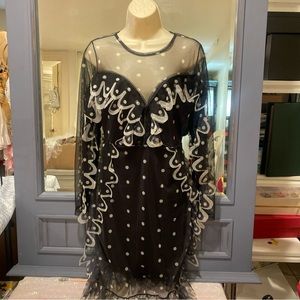 Women Romantic Lace Polka Dot Mesh Fringe Sleeve Sexi Dress Medium